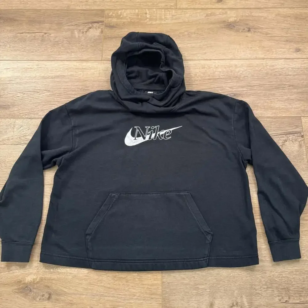 Nike Sportswear Funnel Neck Hoodie Women’s L Black Script Swoosh Pullover